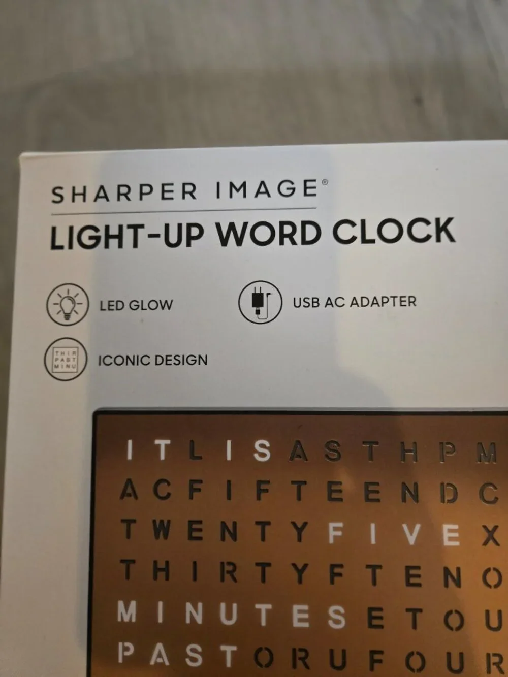 NIB - Sharper Image Word Clock - USB AC Adapter - LED Display